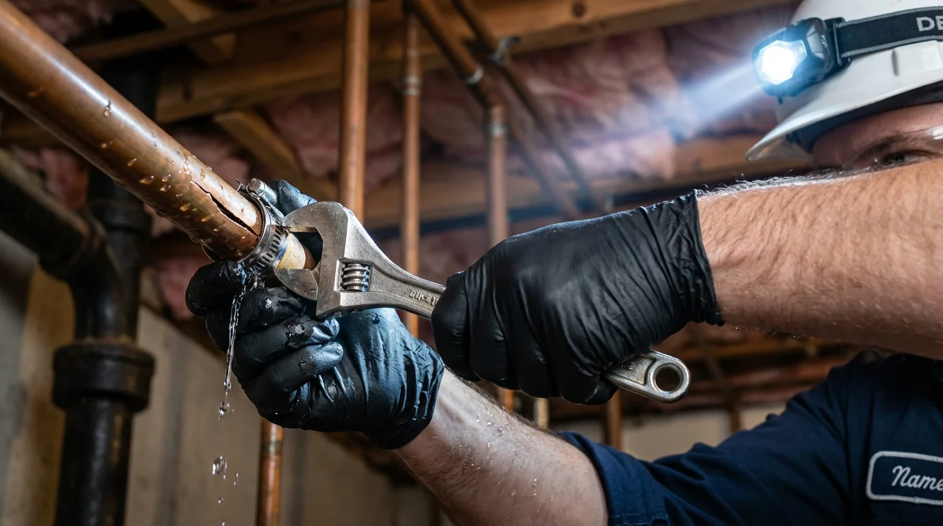 Emergency pipe clamp repair being performed by a Johns Plumbing LLC plumber in Dade City