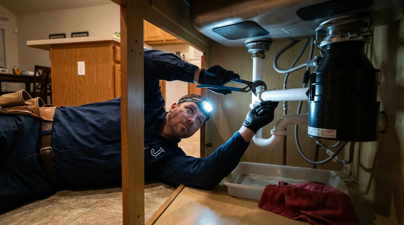 P-trap and supply line connections under a kitchen sink showing a common leak point in Dade City, FL